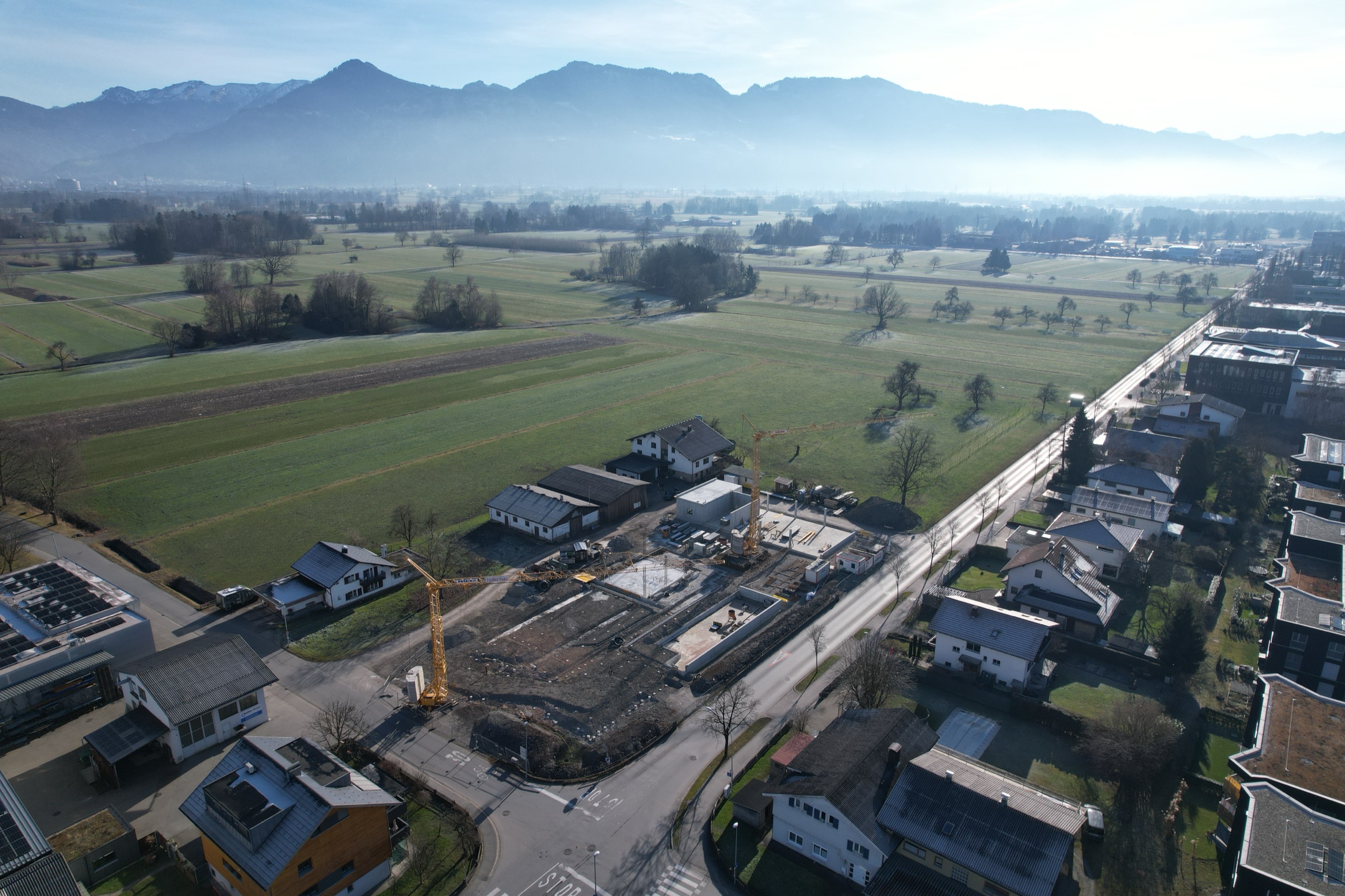 Luftaufnahme der Vorachhof-Baustelle im Rheintal